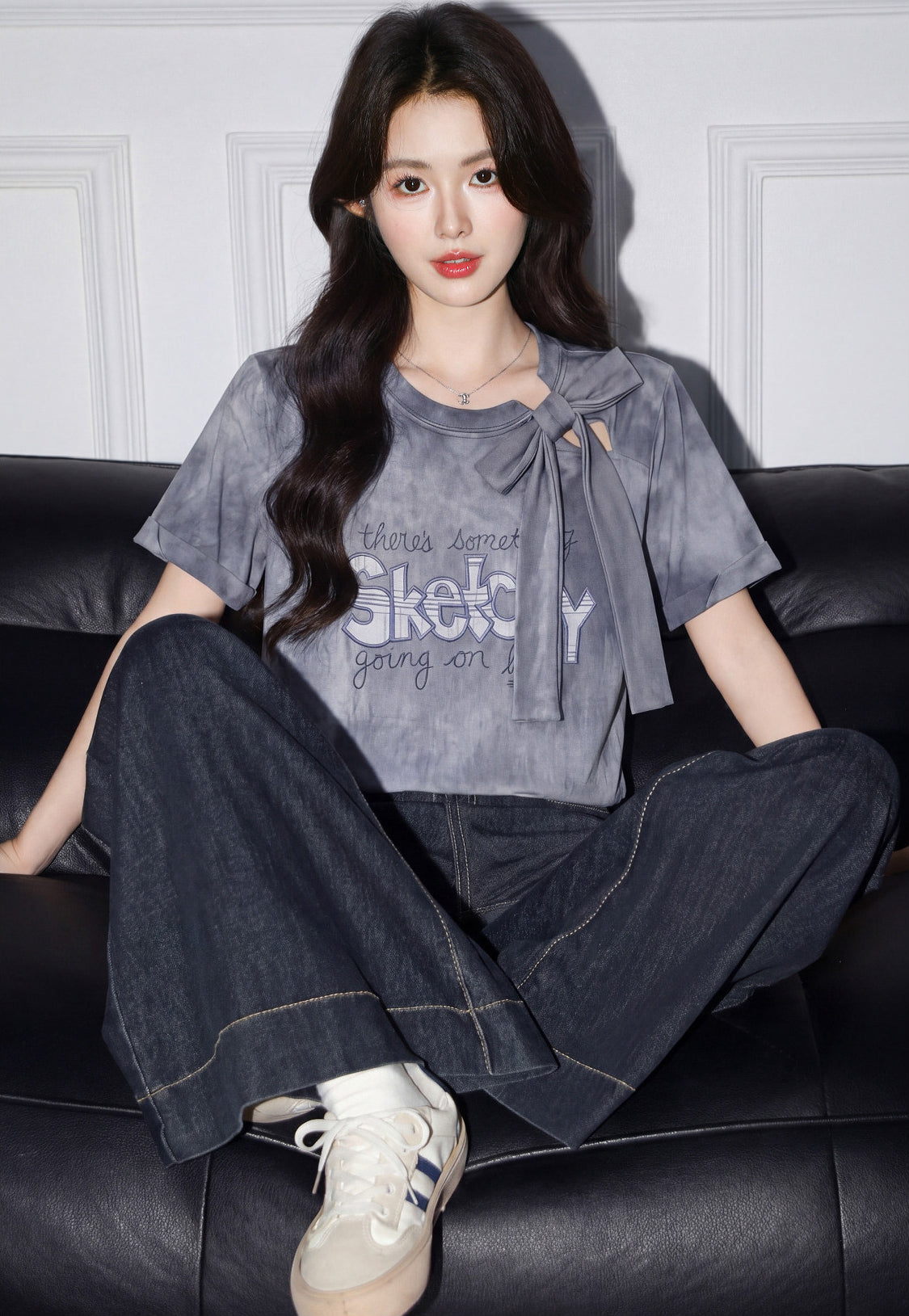 Gray Bow Tie Dye Letter Print T Shirt