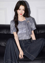 Gray Bow Tie Dye Letter Print T Shirt