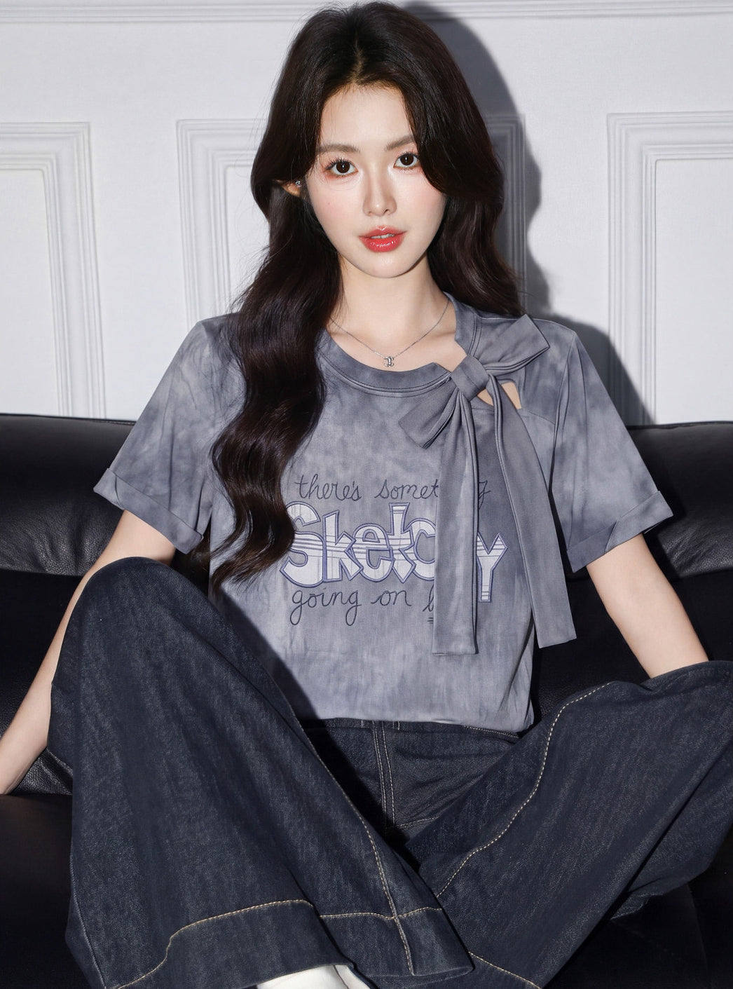 Gray Bow Tie Dye Letter Print T Shirt