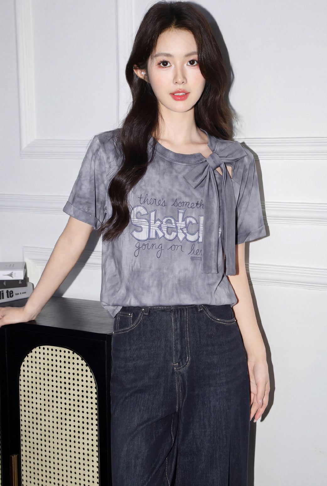 Gray Bow Tie Dye Letter Print T Shirt