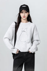 Gray Cartoon Knit Sweater Pullover