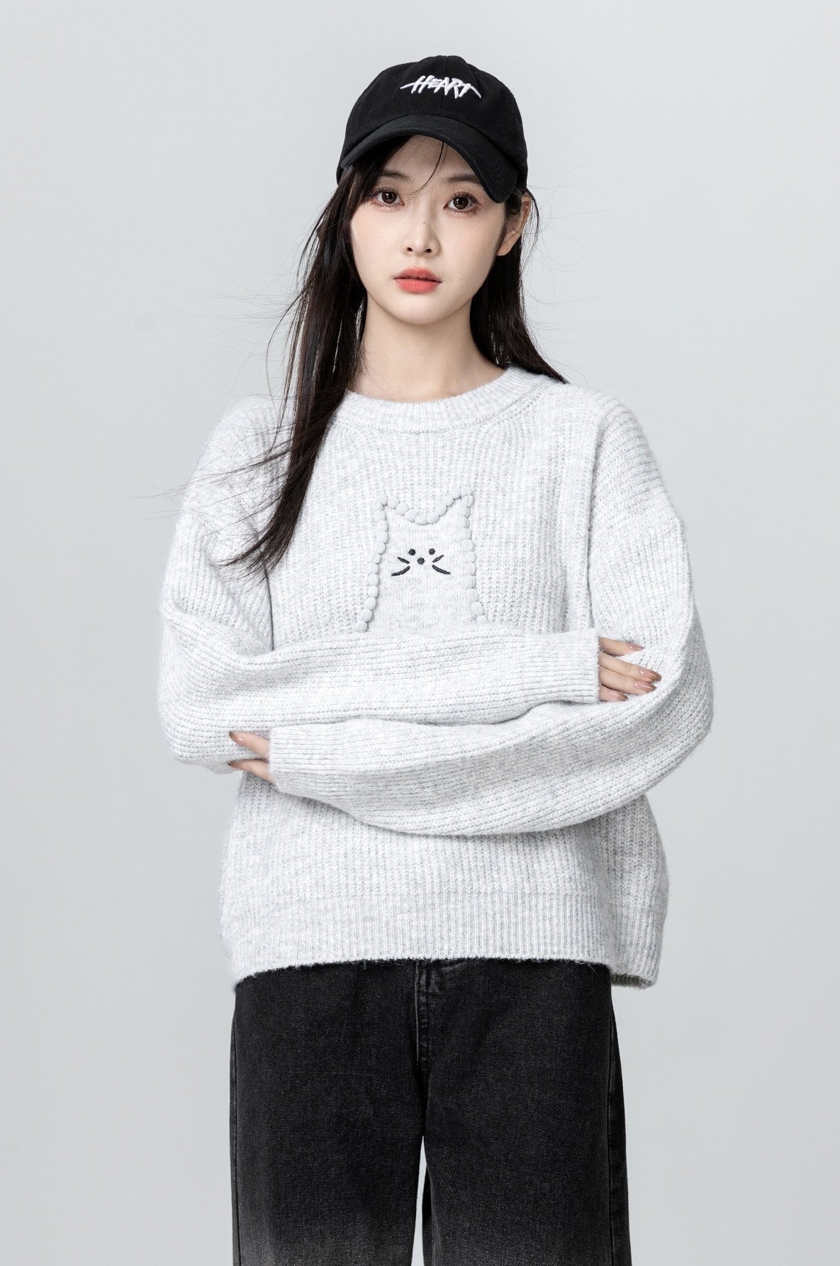 Gray Cartoon Knit Sweater Pullover
