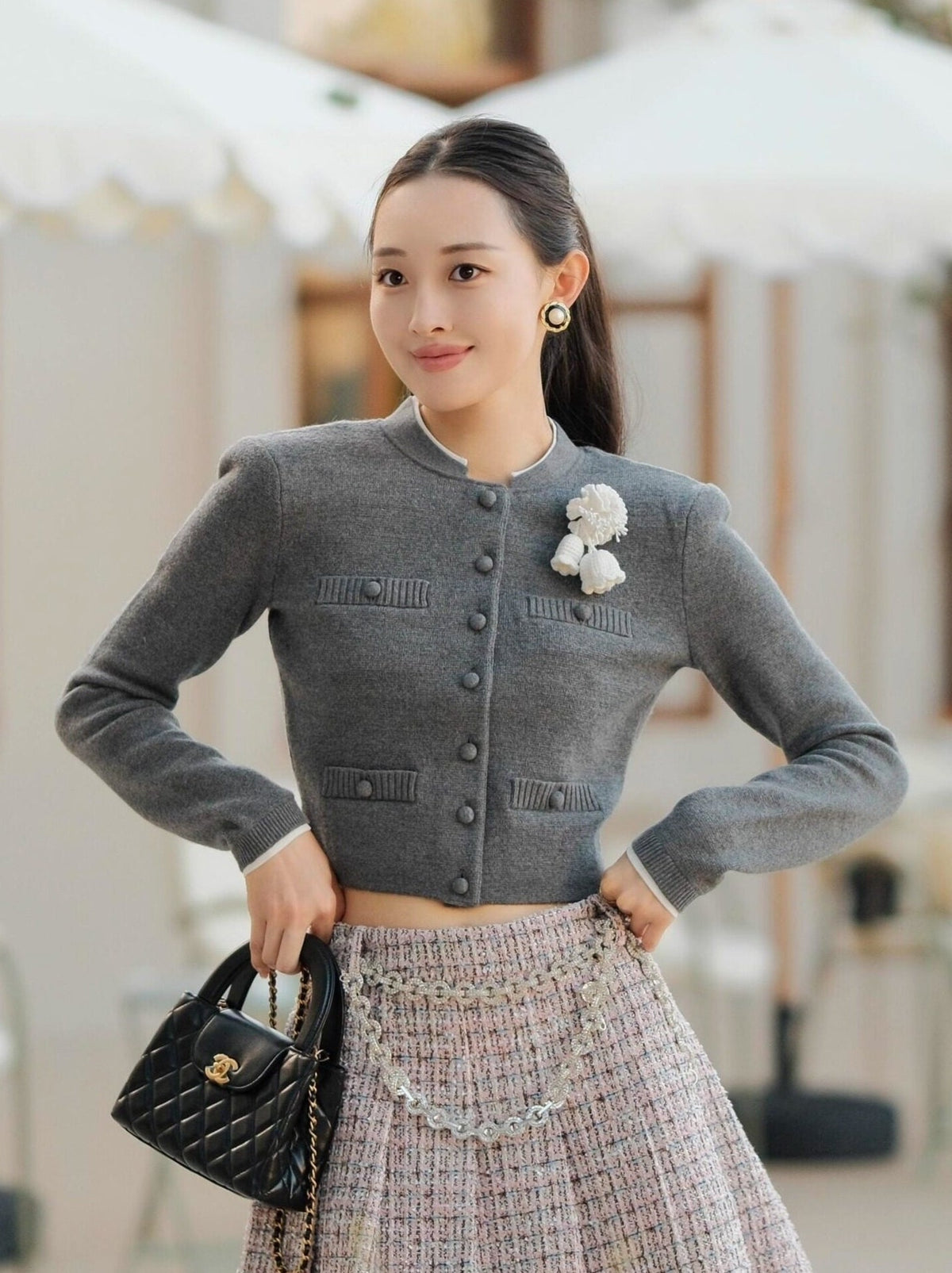 Grey Classic Button Crop Knit Cardigan