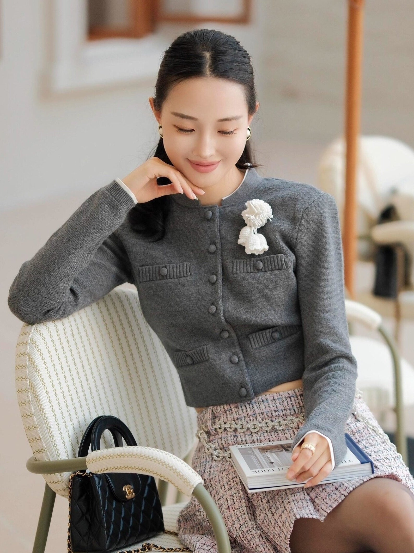 Grey Classic Button Crop Knit Cardigan