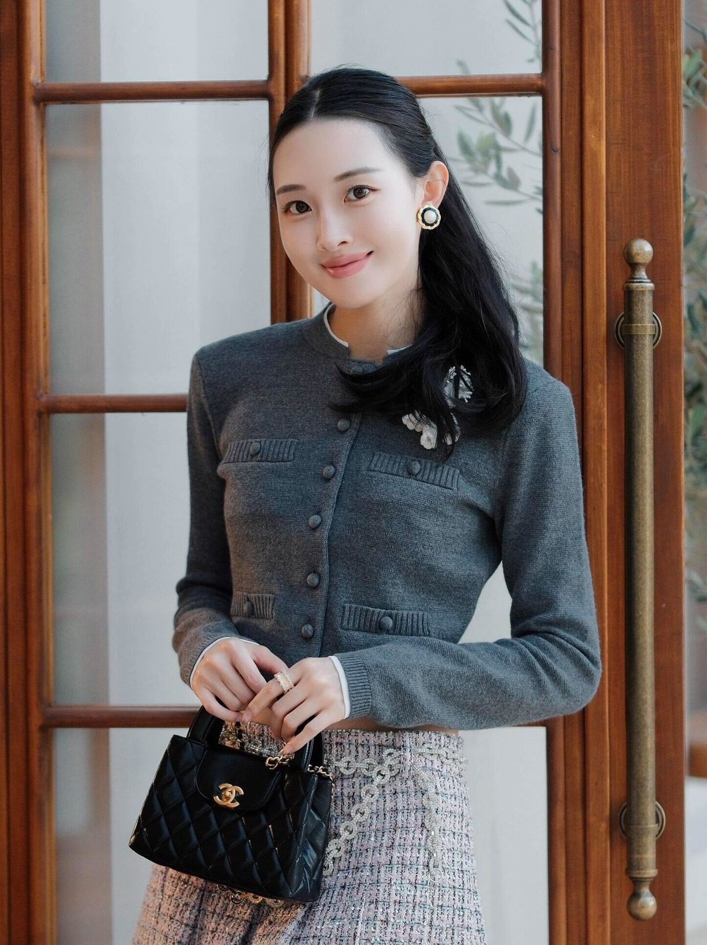 Grey Classic Button Crop Knit Cardigan