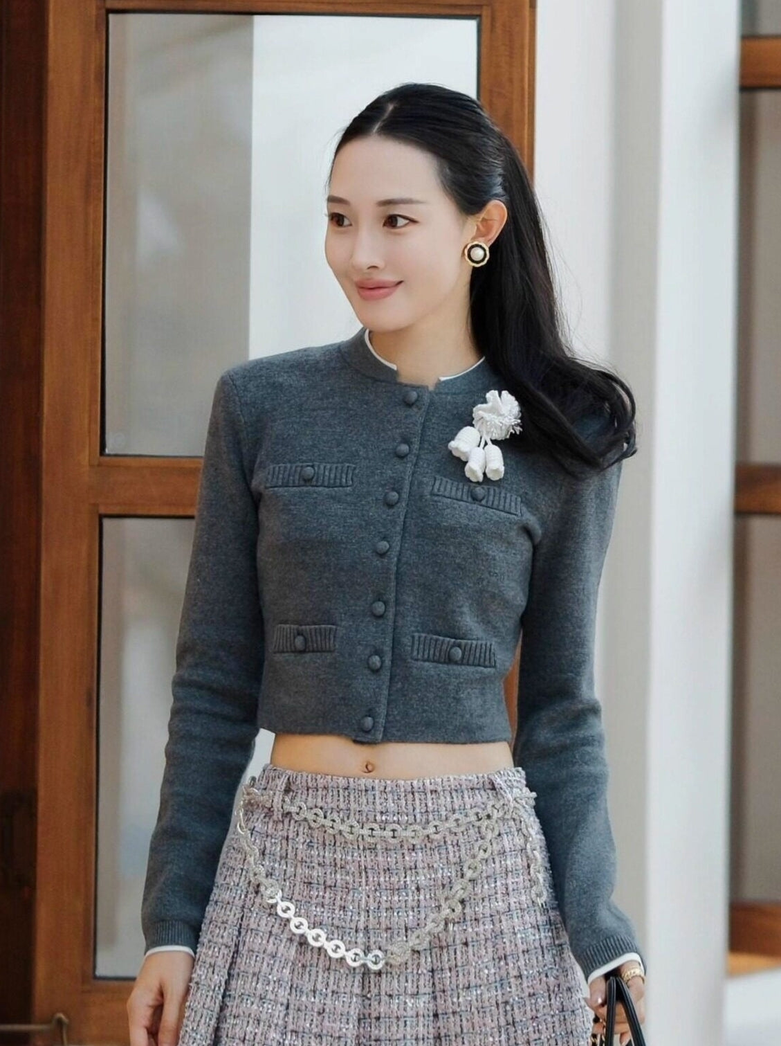 Grey Classic Button Crop Knit Cardigan
