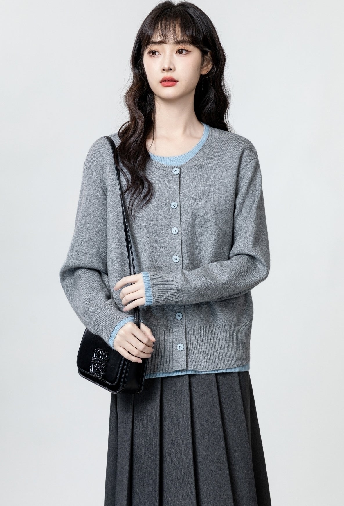 Gray Colorblock Knit Sweater Long Sleeve Pullover