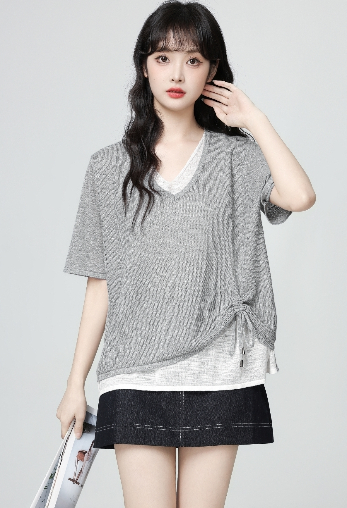Gray Colorblock V Neck Drawstring Knit Short Sleeve Top