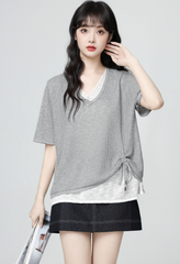 Gray Colorblock V Neck Drawstring Knit Short Sleeve Top