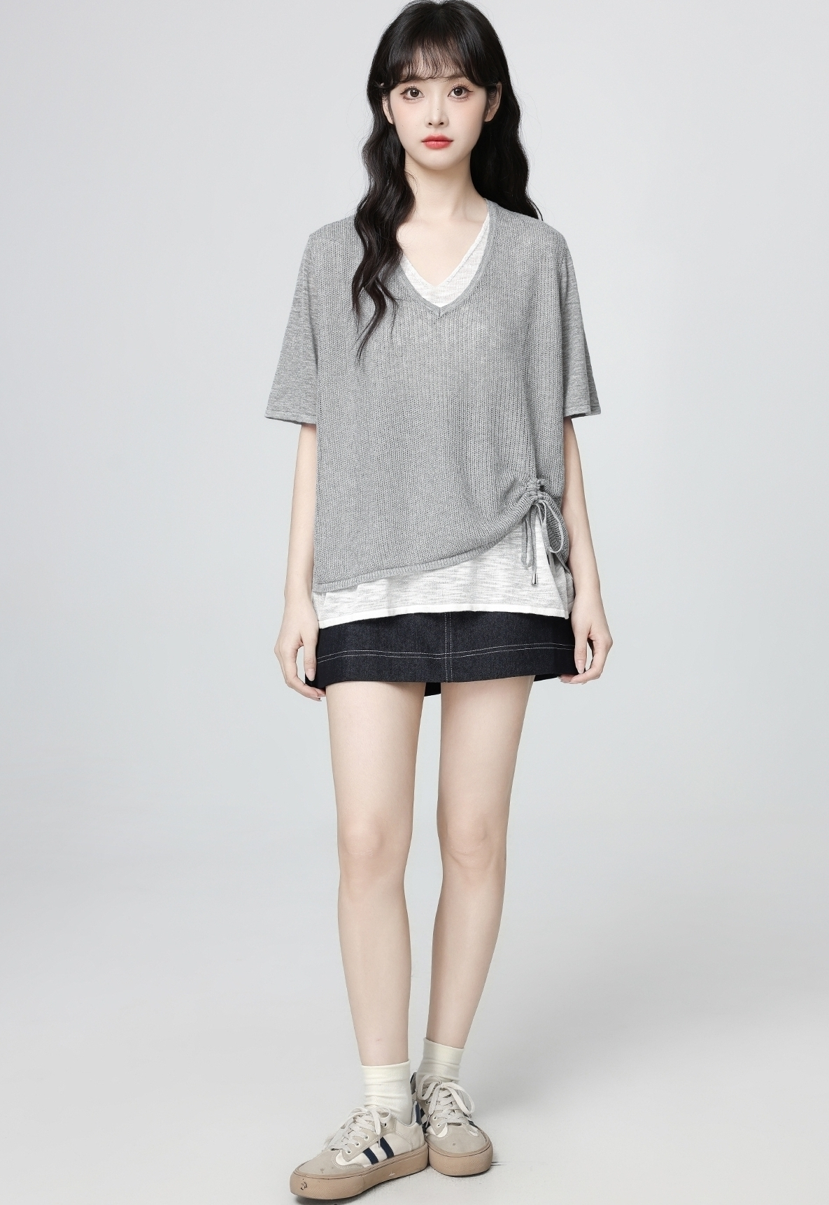 Gray Colorblock V Neck Drawstring Knit Short Sleeve Top