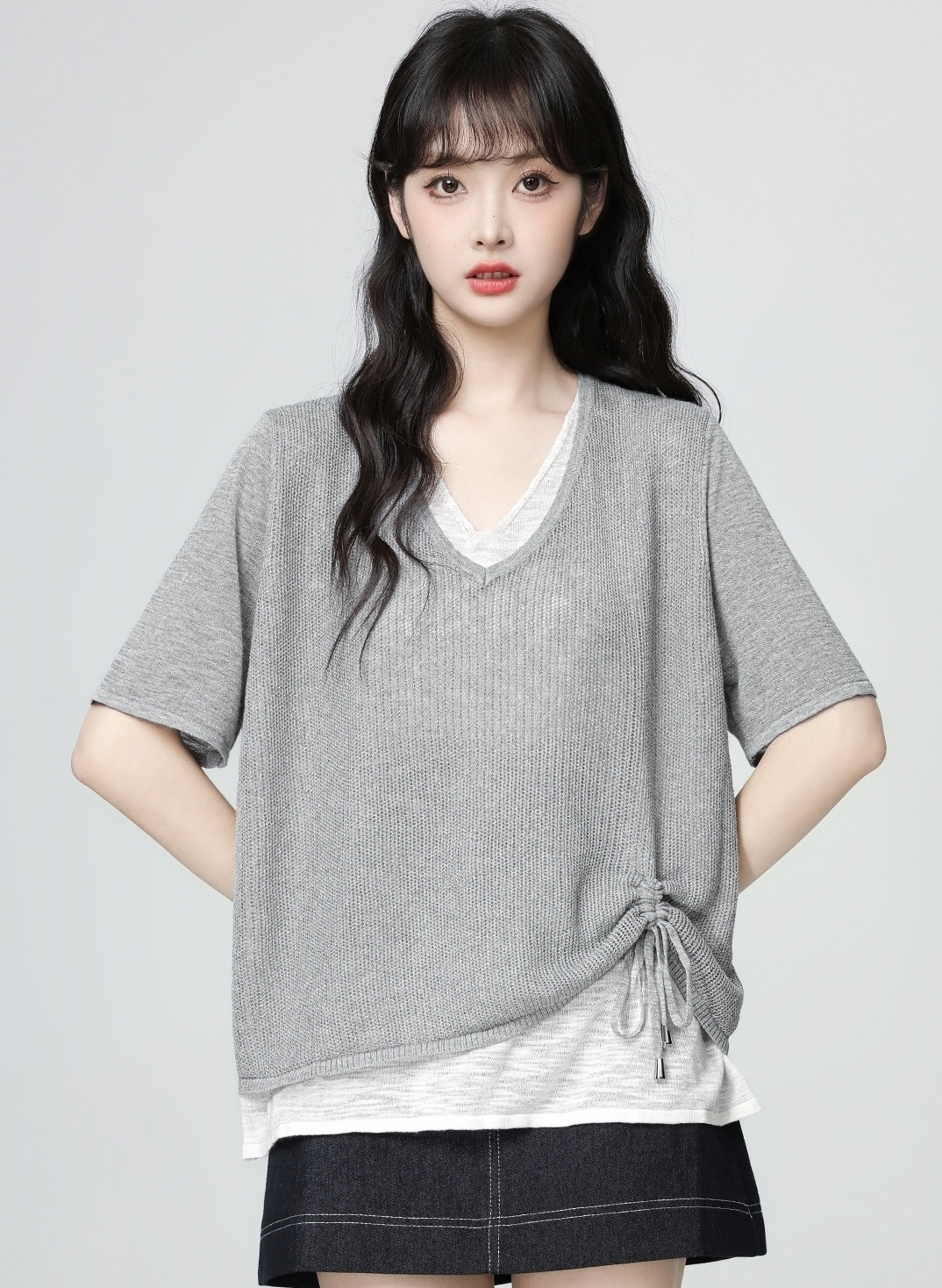 Gray Colorblock V Neck Drawstring Knit Short Sleeve Top