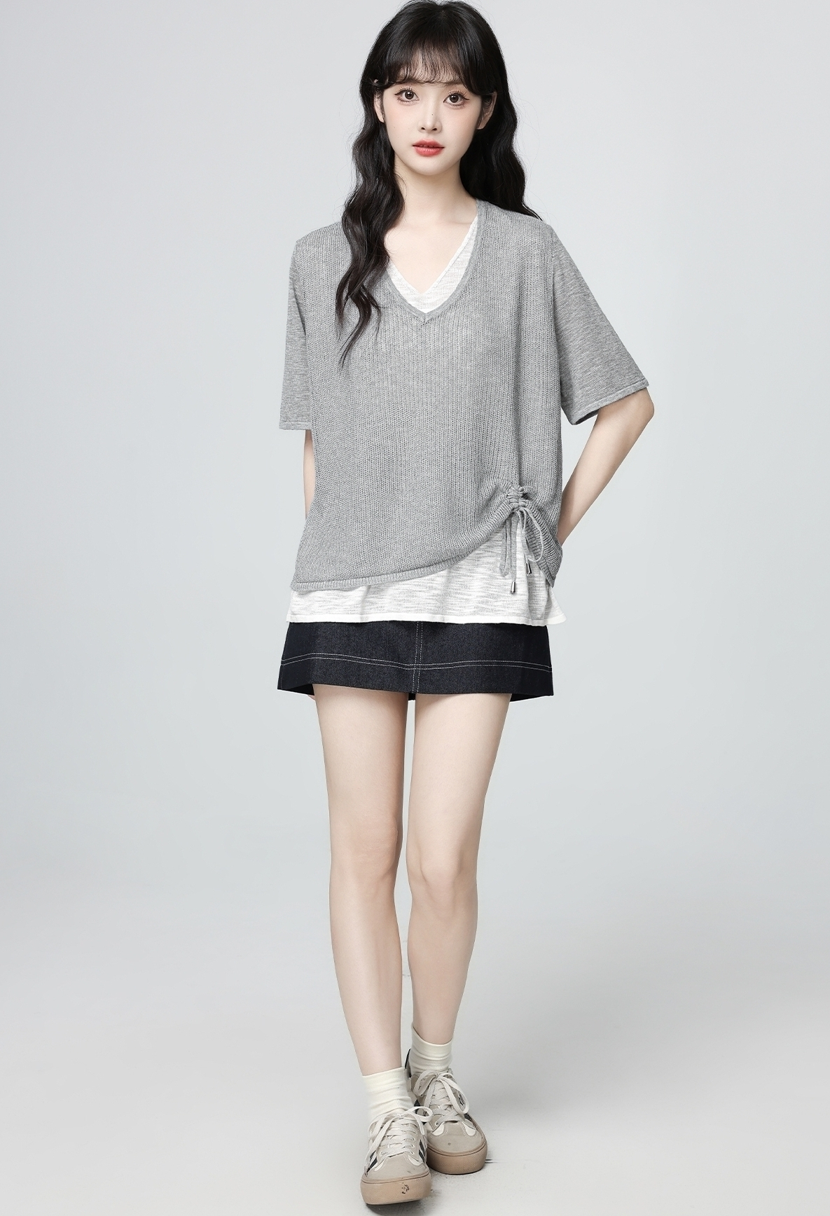 Gray Colorblock V Neck Drawstring Knit Short Sleeve Top