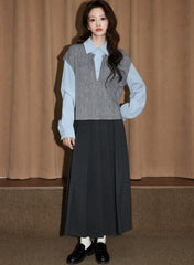Gray Contrast Collar Layered Long Sleeve Shirt