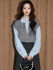 Gray Contrast Collar Layered Long Sleeve Shirt