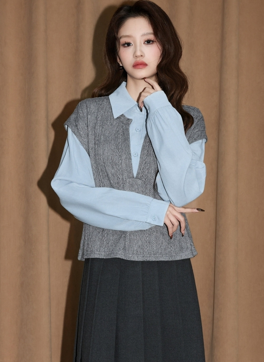 Gray Contrast Collar Layered Long Sleeve Shirt