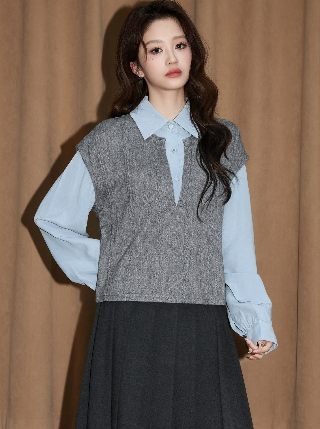 Gray Contrast Collar Layered Long Sleeve Shirt