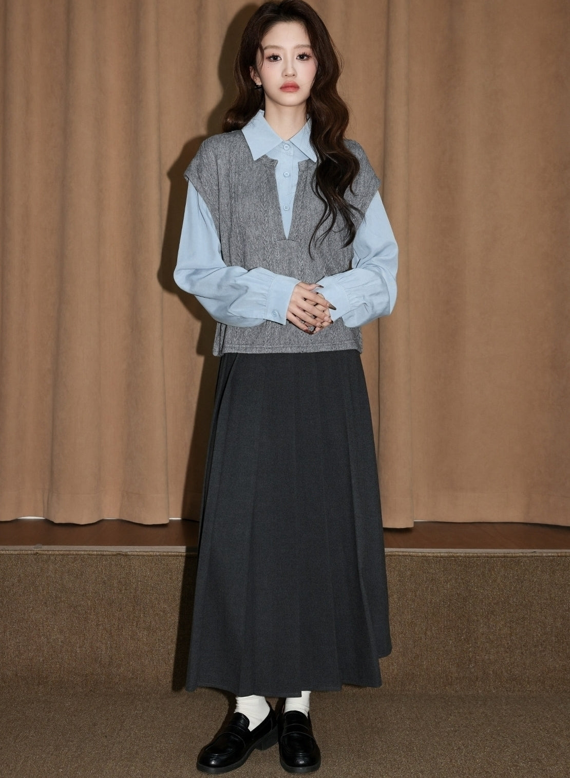 Gray Contrast Collar Layered Long Sleeve Shirt