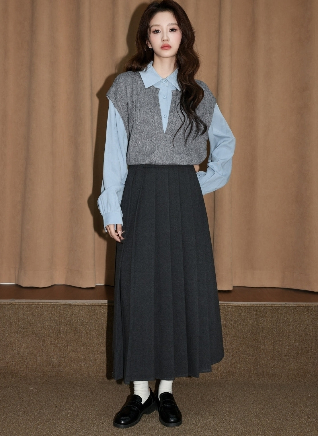 Gray Contrast Collar Layered Long Sleeve Shirt