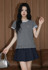 Gray Contrast Trim Ruffle Short Sleeve Top