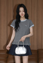 Gray Contrast Trim Ruffle Short Sleeve Top