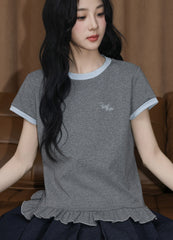 Gray Contrast Trim Ruffle Short Sleeve Top