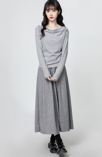 Gray Draped Neck Tie Long Sleeve Slim Fit Top