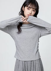 Gray Draped Neck Tie Long Sleeve Slim Fit Top