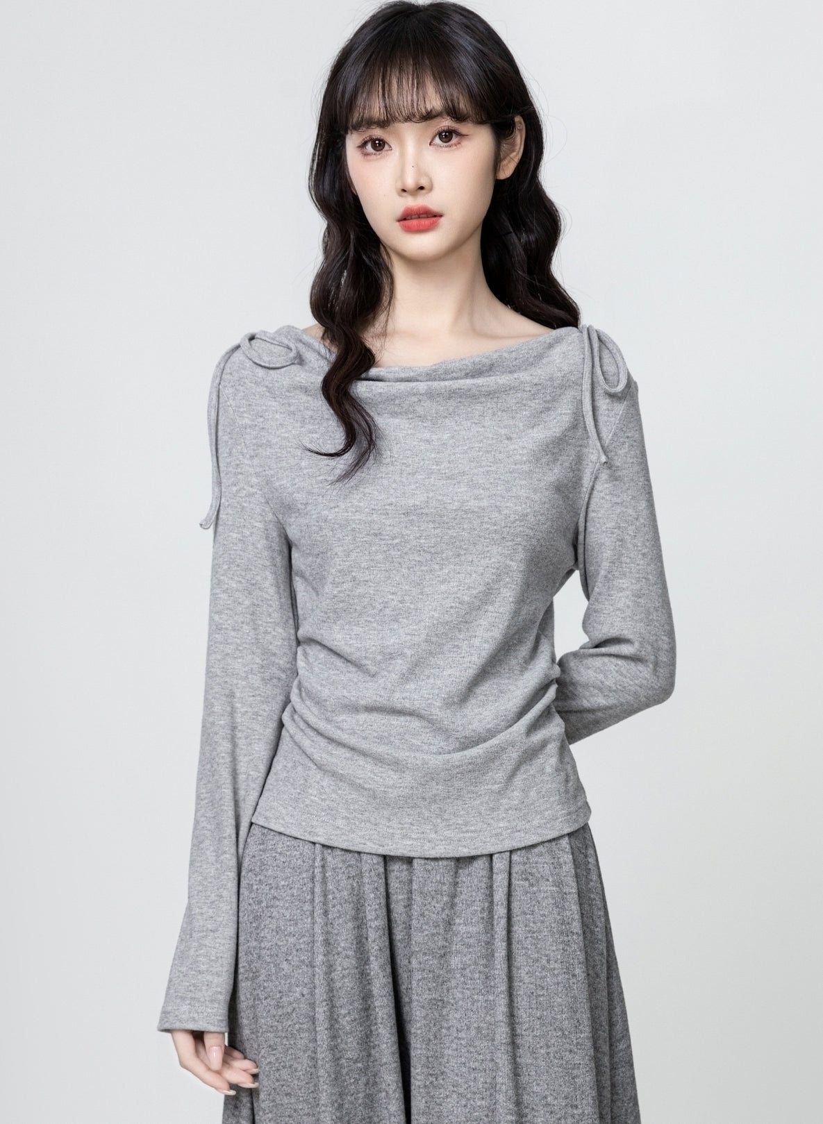 Gray Draped Neck Tie Long Sleeve Slim Fit Top