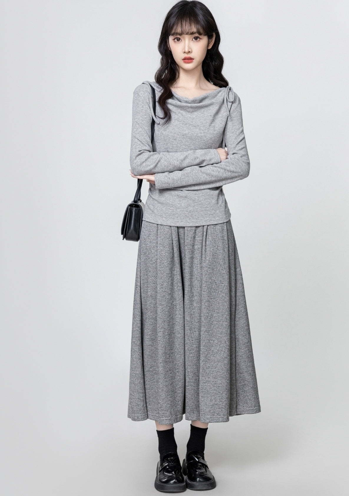 Gray Draped Neck Tie Long Sleeve Slim Fit Top