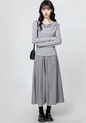 Gray Draped Neck Tie Long Sleeve Slim Fit Top