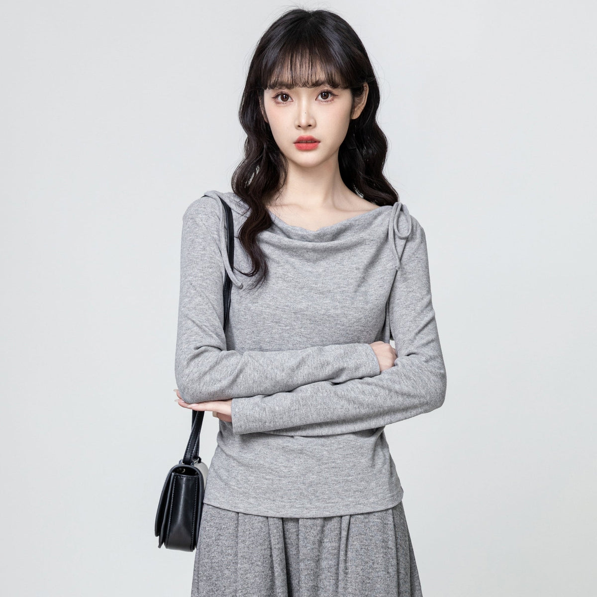 Gray Draped Neck Tie Long Sleeve Slim Fit Top