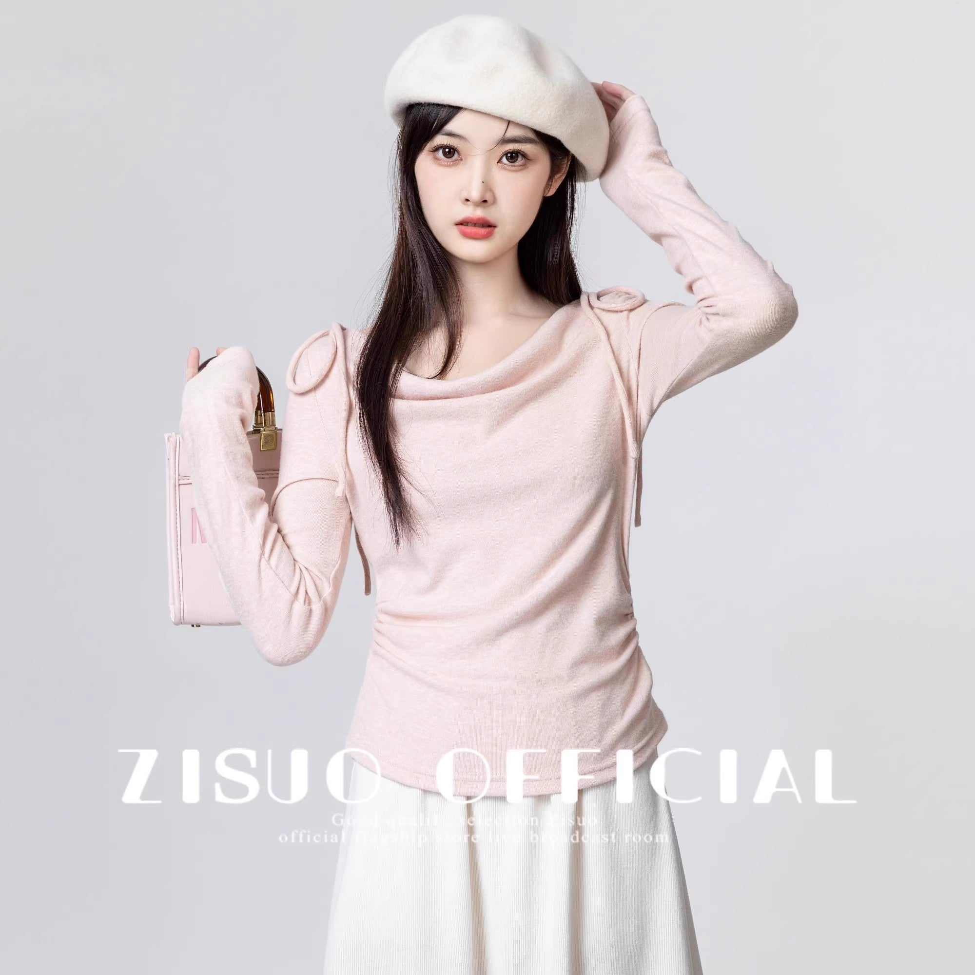 Gray Draped Neck Tie Long Sleeve Slim Fit Top