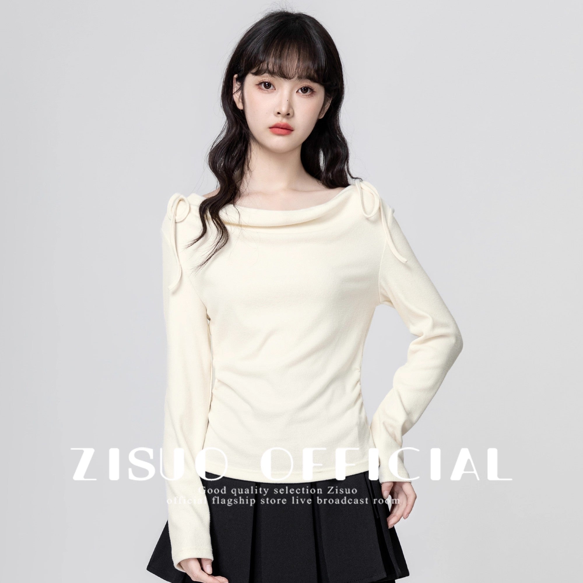 Gray Draped Neck Tie Long Sleeve Slim Fit Top