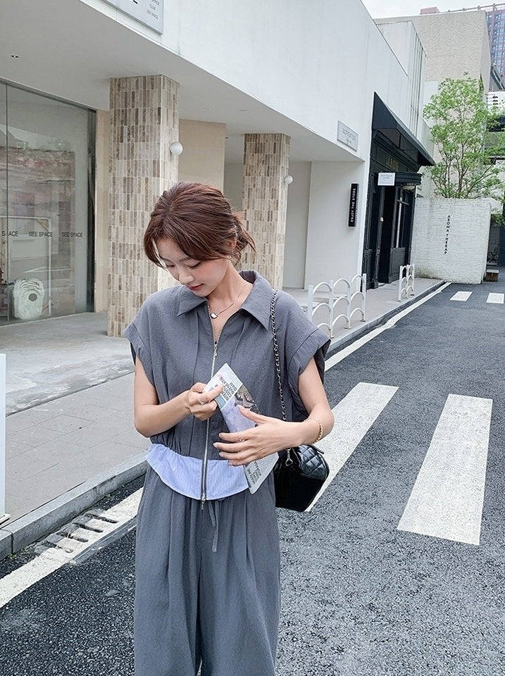 Gray Drawstring Wide Leg Pants Short Sleeve Set