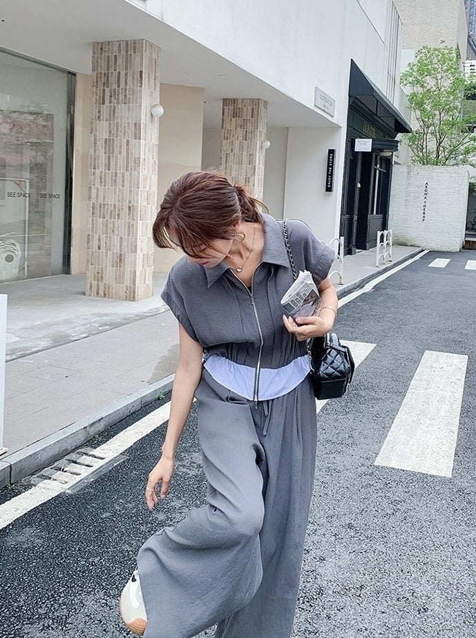Gray Drawstring Wide Leg Pants Short Sleeve Set