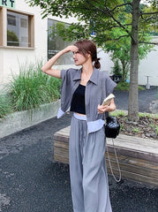 Gray Drawstring Wide Leg Pants Short Sleeve Set