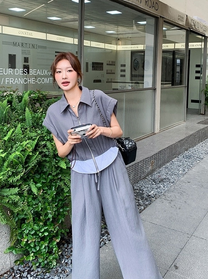 Gray Drawstring Wide Leg Pants Short Sleeve Set