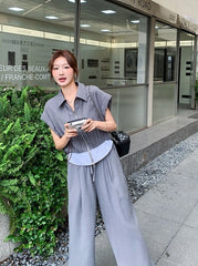 Gray Drawstring Wide Leg Pants Short Sleeve Set
