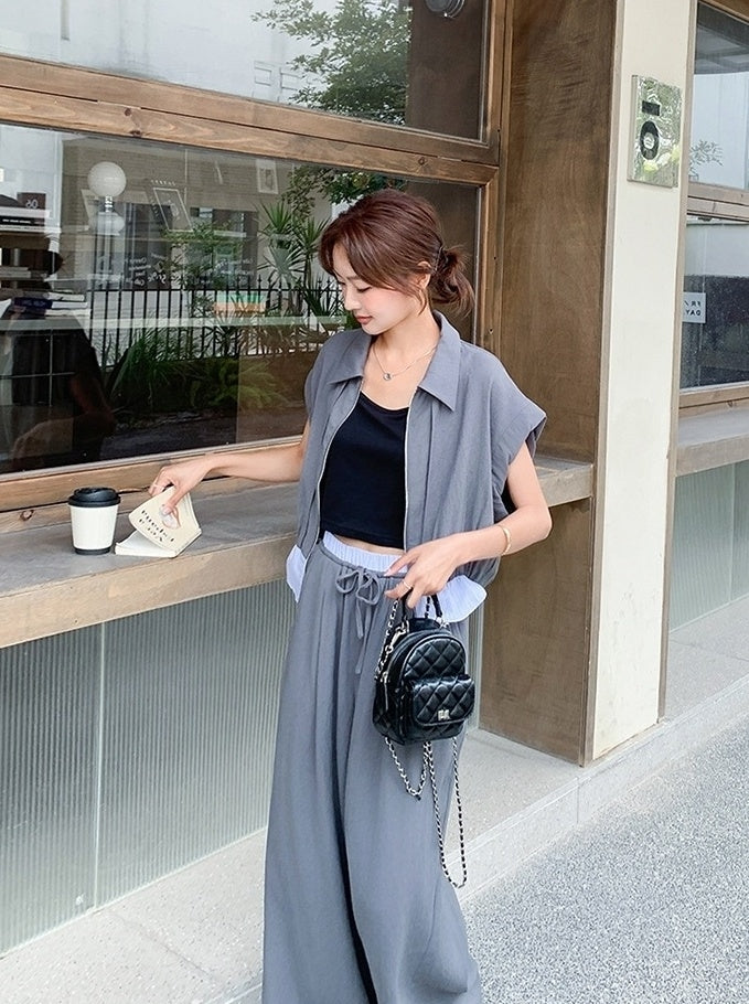 Gray Drawstring Wide Leg Pants Short Sleeve Set