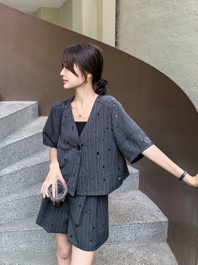 Gray Elegant Blazer And Skirt Set