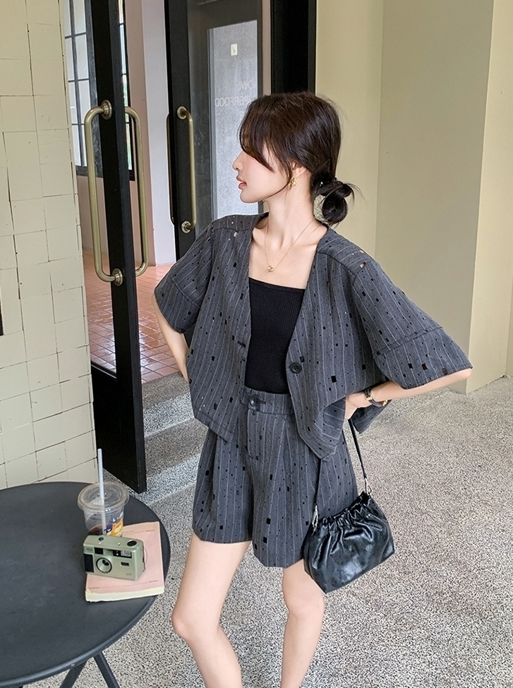 Gray Elegant Blazer And Skirt Set