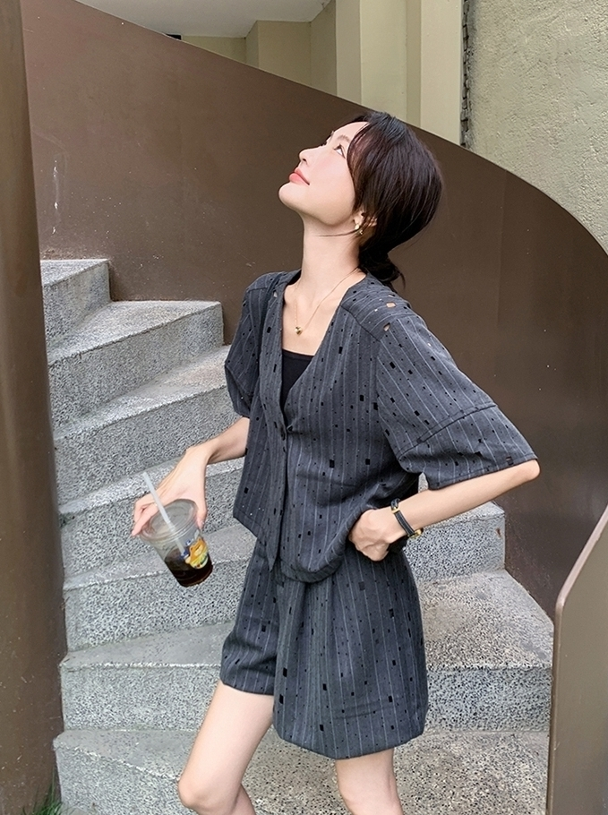 Gray Elegant Blazer And Skirt Set