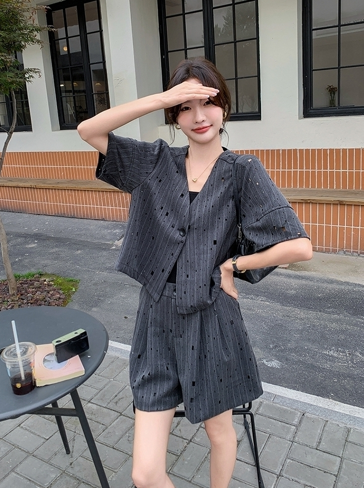 Gray Elegant Blazer And Skirt Set