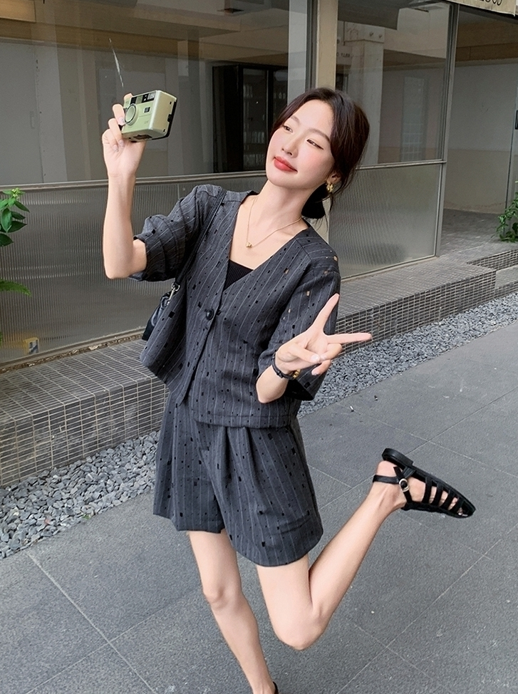 Gray Elegant Blazer And Skirt Set