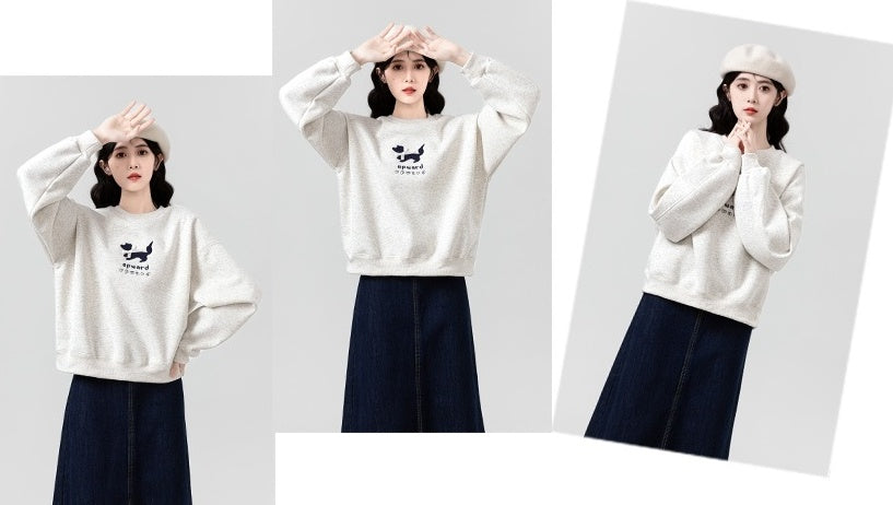 Gray Embroidered Fleece Pullover Sweatshirt