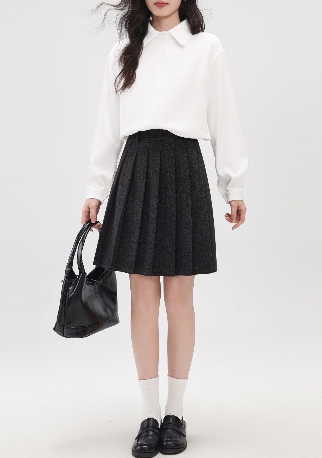 Gray High Waist Pleated A Line Midi Skirt