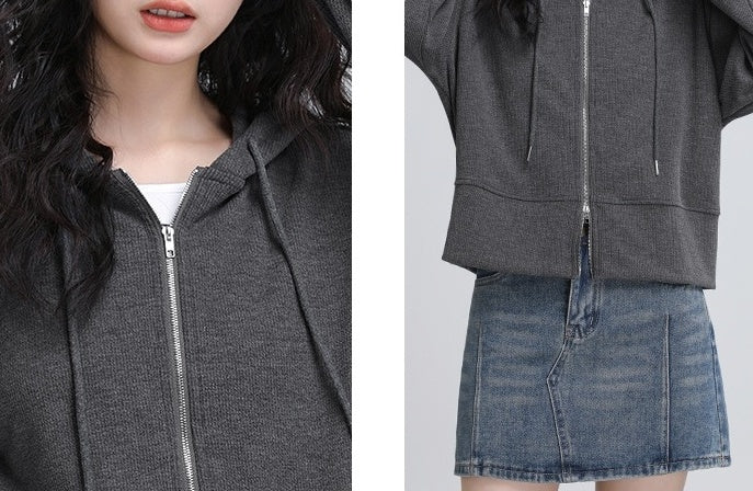 Gray Hooded Casual Zipup Jacket