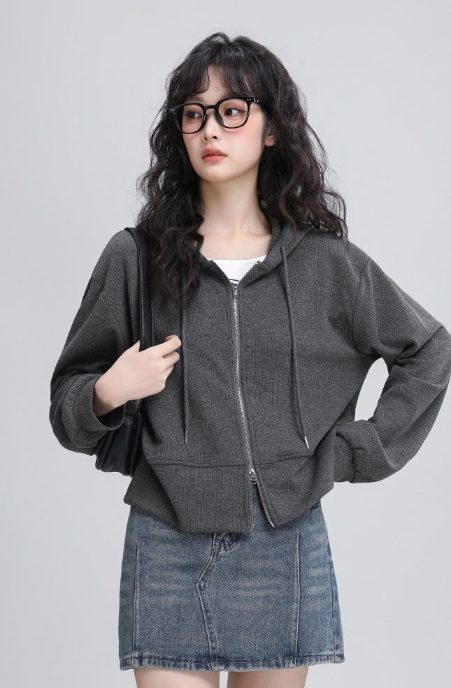 Gray Hooded Casual Zipup Jacket