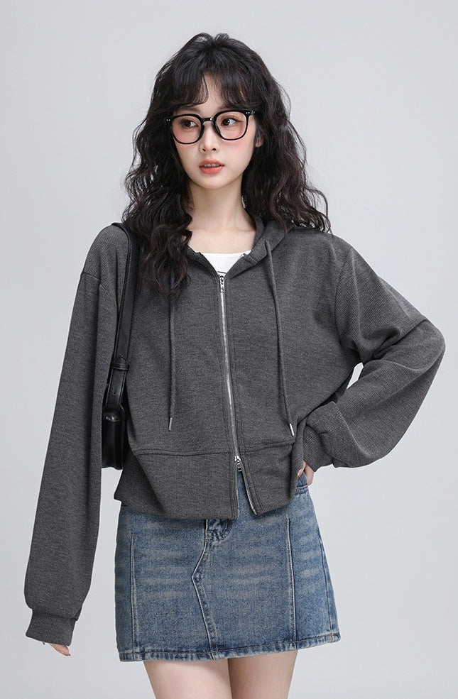 Gray Hooded Casual Zipup Jacket