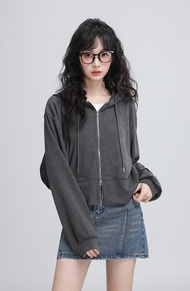 Gray Hooded Casual Zipup Jacket